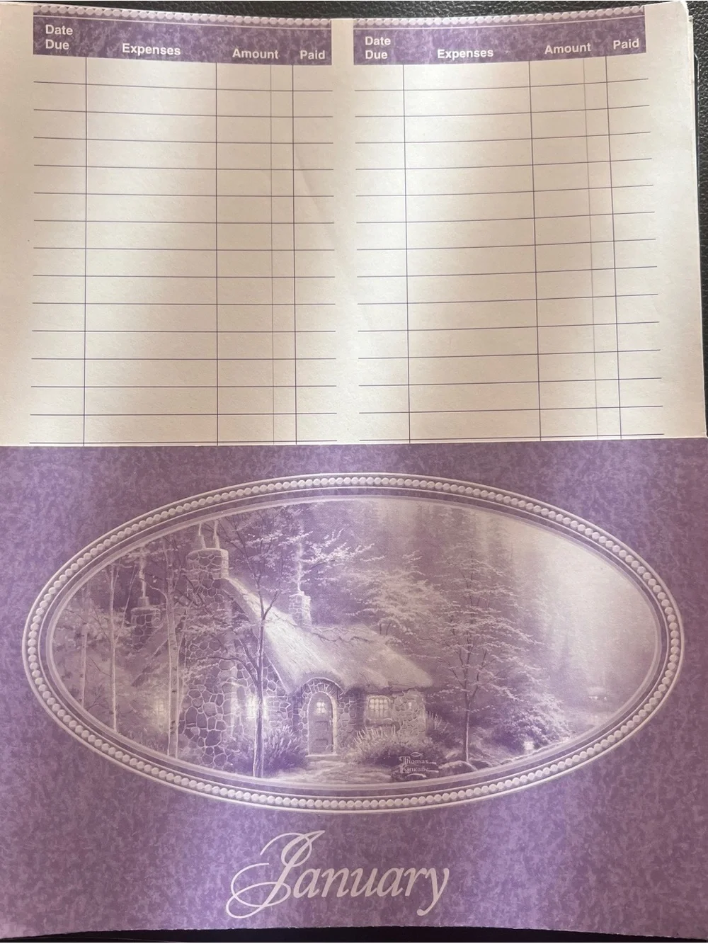 Thomas Kinkade 12 Month Spiral Bill Organizer - Purple with Cottage Artwork